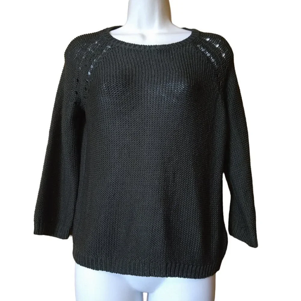 H&M Basic Women's XS 3/4 Sleeve Open Knit Pullover Green Sweater Casual